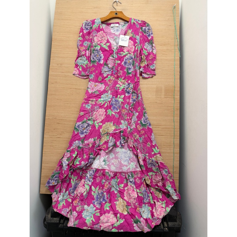 Sandro Leoni Rose Pink Floral High-Low Maxi Dress V-Neck Ruffle SFPRO01248 Sz 36